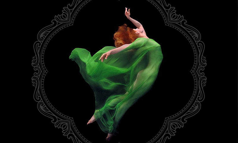 Beautiful Dance Leap, redhead, green, Dancing, leaping, feminine, ballot, woman, elegant, lovely, HD wallpaper