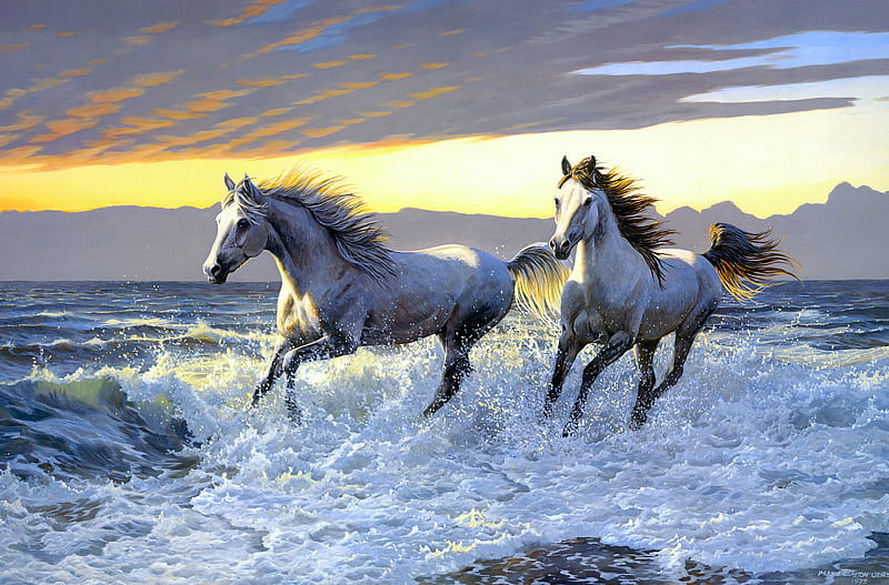 Horses, painting, running, horse, wave, sea, art, persis clayton weirs, sunset, vara, water, summer, pictura, HD wallpaper