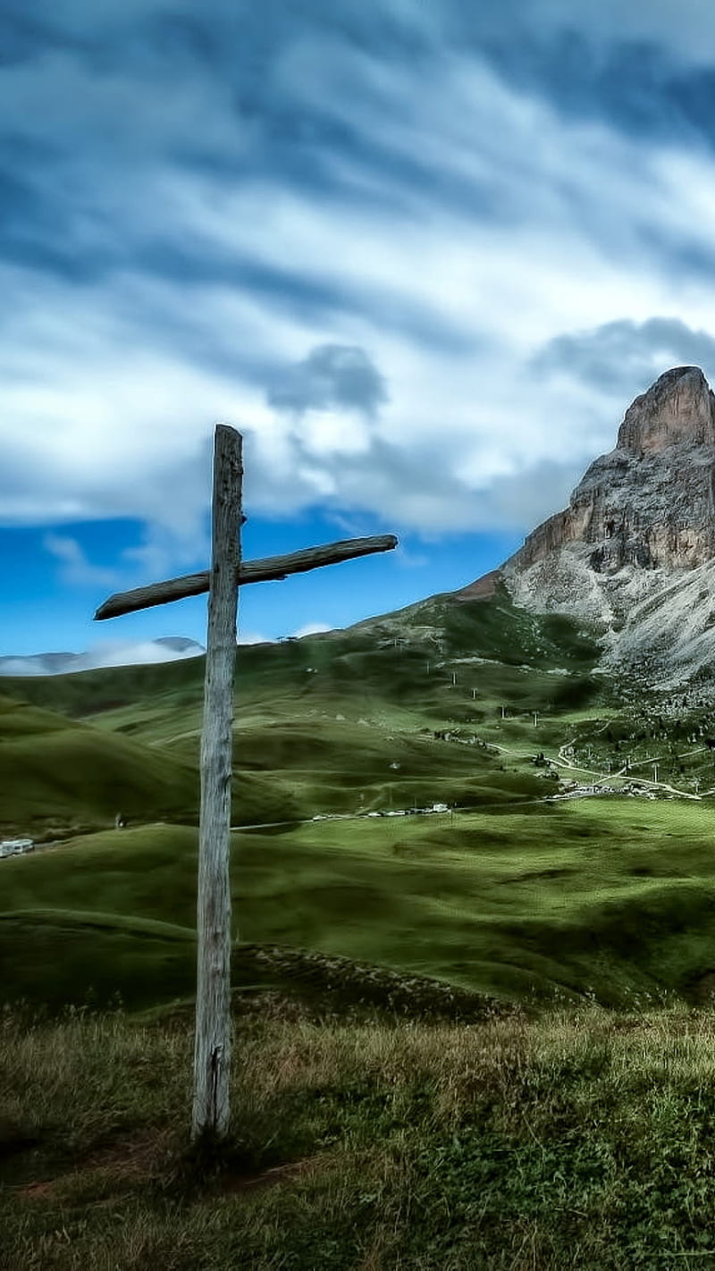 Wooden cross, christian, cloudy, field, jesus, landscapes, mountain, son of god, HD phone wallpaper