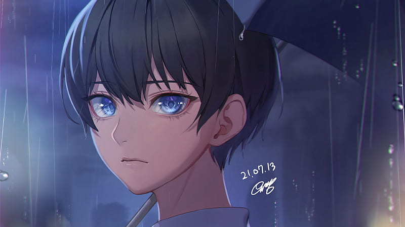 Blue Eyes Anime Boy Under Umbrella Rain Background Anime Boy, HD wallpaper