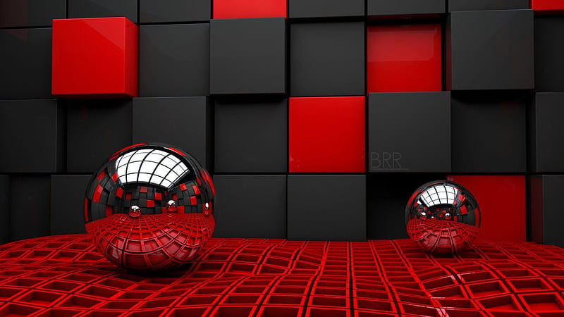 Red Black Square Boxes Silver Balls Abstract, HD wallpaper