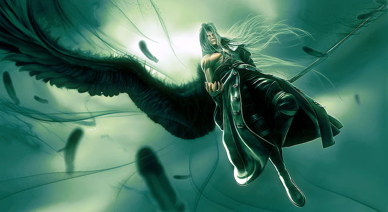 Sephiroth's Resurrection, ff7, ffvii, final fantasy 7, white hair, video games, green background, final fantas dissidia, green, anime, final fantasy, weapon, long hair, sword, feathers, sephiroth, wings, male, advent children, final fantasy vii, trench coat, dissidia, HD wallpaper