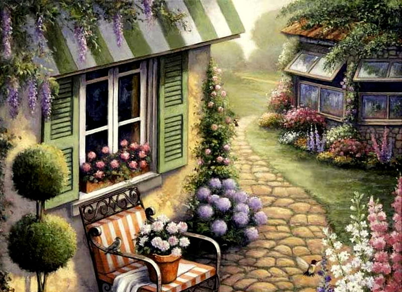 Cobblestone Path, house, topiary, birds, trees, wisteria, shutters, painting, flowers, chair, HD wallpaper