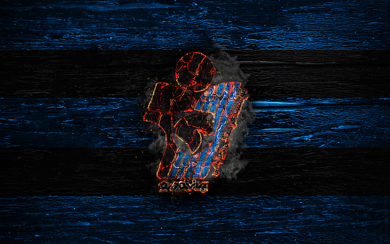 Paykan FC, fire logo, Persian Gulf Pro League, blue and black lines, Iranian football club, grunge, football, soccer, Paykan logo, wooden texture, Iran, HD wallpaper