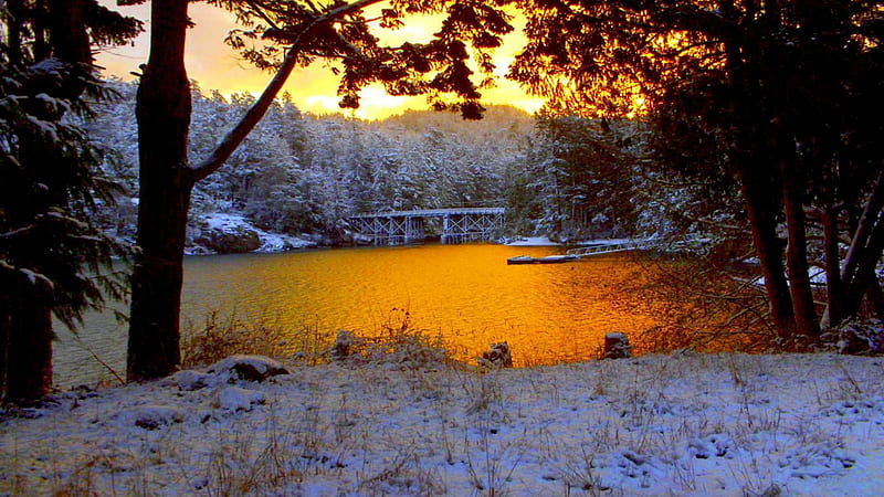 sunrise on a river on winter, forest, bridge, river, sunrise, ramp, winter, HD wallpaper