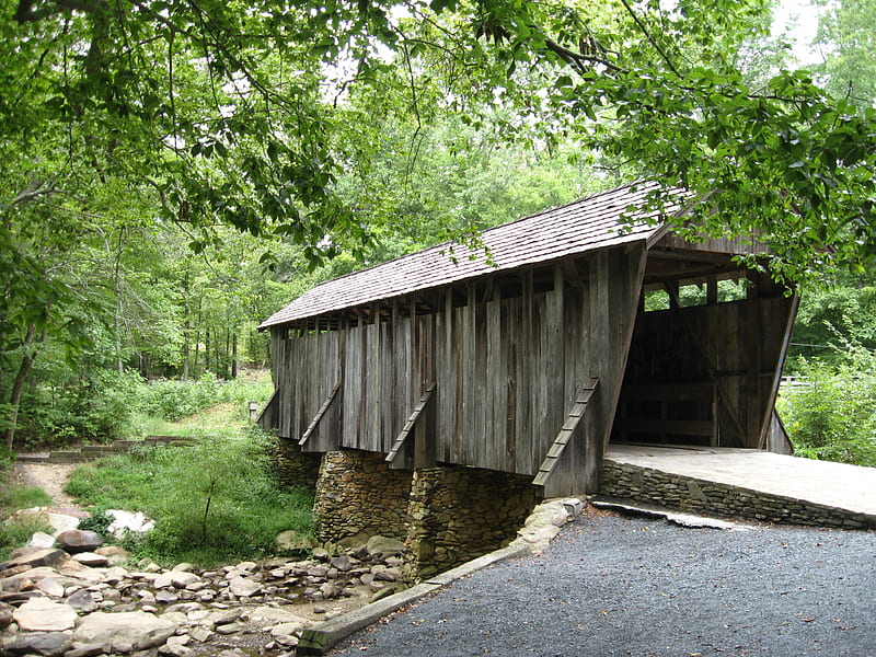 Pisgah Covered Bridge, North Carolina, stone wall, bridge, nature, creek, trees, wooden covered bridge, historical, HD wallpaper