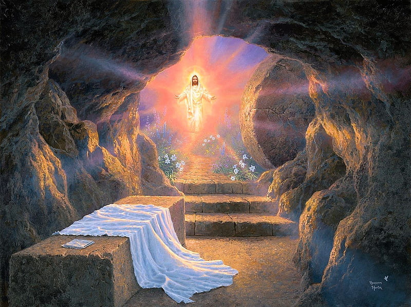 Hallelujah ! He is Risen !, light, cave, jesus, robe, painting, artwork, HD wallpaper