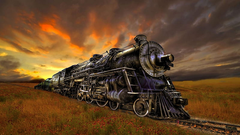 beautiful steam train art, locomotive, steam, train, grass, HD wallpaper