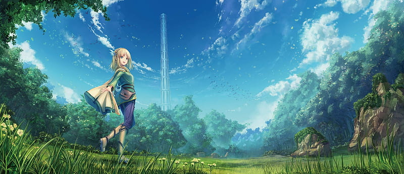 anime girl, tower, anime landscape, clouds, sky, Anime, HD wallpaper