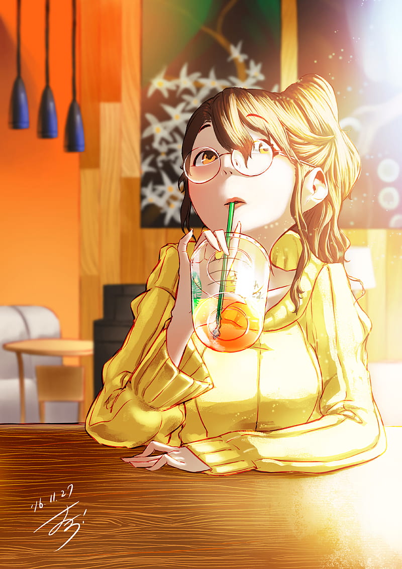 Girl, glasses, drink, glass, cafe, anime, HD phone wallpaper | Peakpx