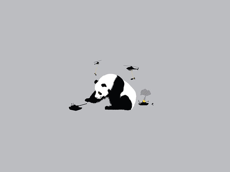 Pandazilla!, gray, helicopter, bear, black, godzilla, panda, cute, pandazilla, tank, spoof, gris, military, funny, white, HD wallpaper