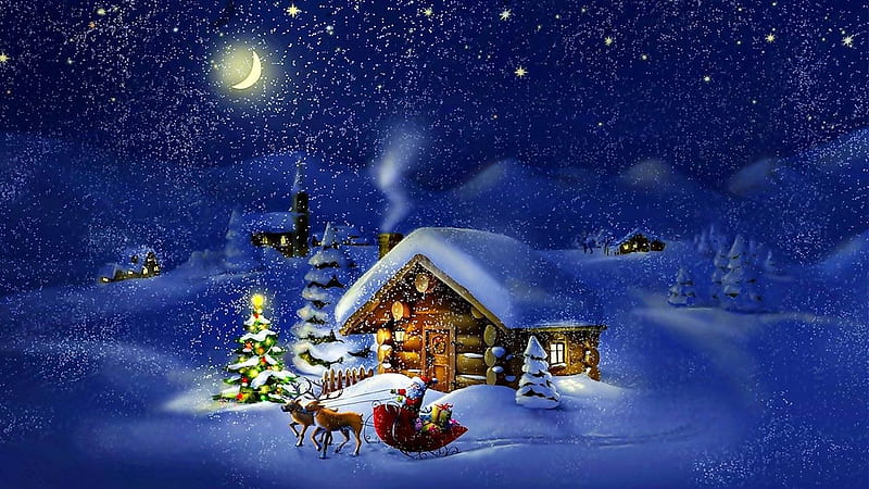 Beautiful Christmas Night, sleigh, tree, moon, santa, cottage, christmas, snow, reindeer, HD wallpaper