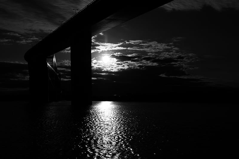 bridge, sun, bw, dark, river, reflection, HD wallpaper