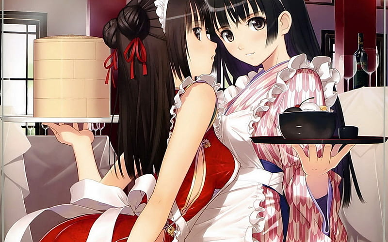 Chinese Maid, pretty, tony taka, oriental, maid, girls, apron, orginal, long hair, HD wallpaper