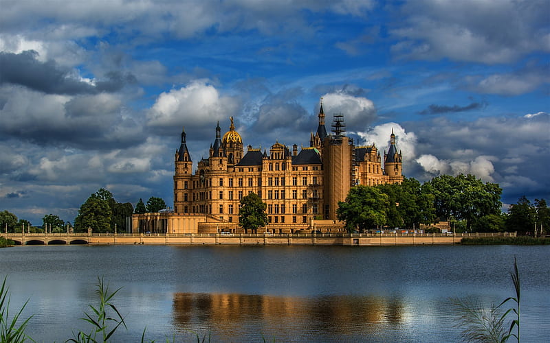 Schwerin Palace, ancient castle, sunset, evening, Schwerin, Germany, Schweriner Schloss, Mecklenburg-Vorpommern, HD wallpaper