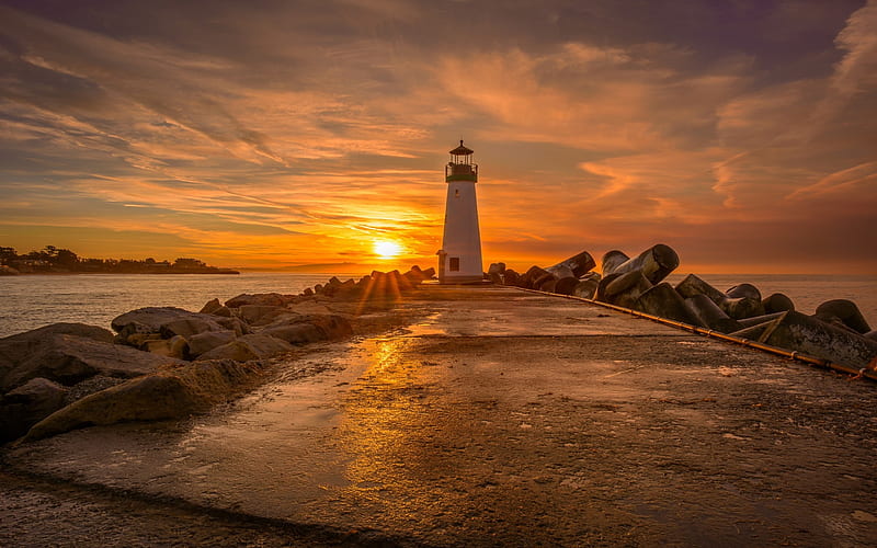 sunset, lighthouse, beautiful sun, seascape, coast, sea, HD wallpaper