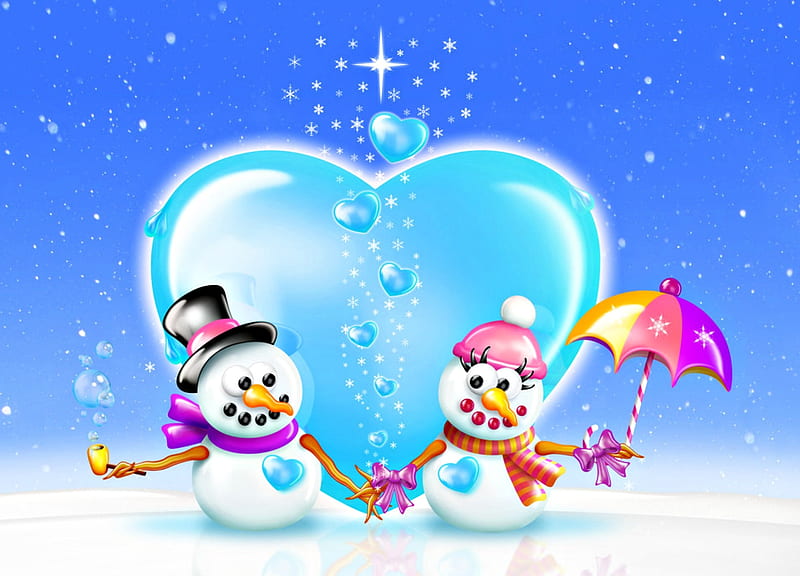 Snowman love, craciun, christmas, umbrella, valentine, creative, snowman, winter, komodoempire, heart, pink, blue, HD wallpaper