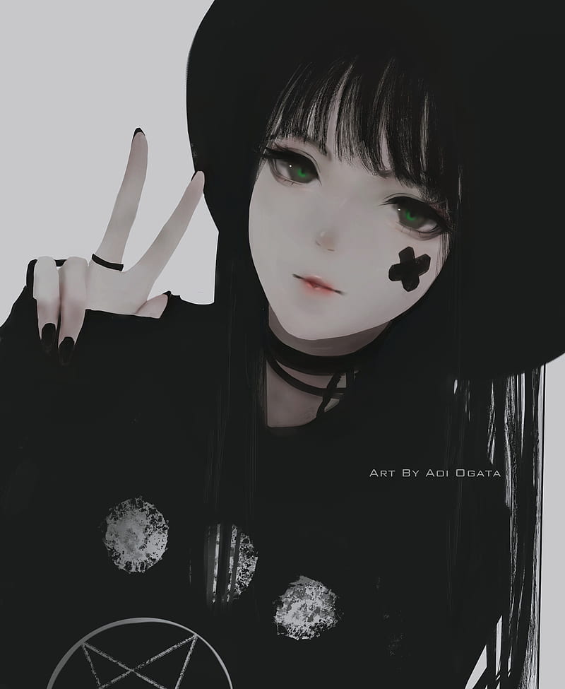 Aoi Ogata, artwork, women, black hair, peace sign, hat, hate-chan, HD phone wallpaper