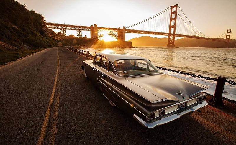 Cadillac Vintage, cadillac, carros, vintage, bridge, HD wallpaper