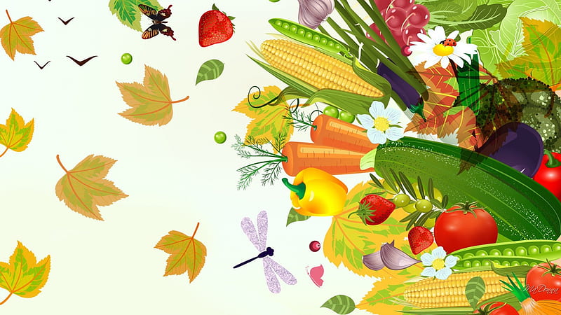 Fall Bounty, fall, harvest, bounty, butterflies, collage, daisies, fruit, leaves, Thanksgiving, flowers, garden, vegetables, HD wallpaper