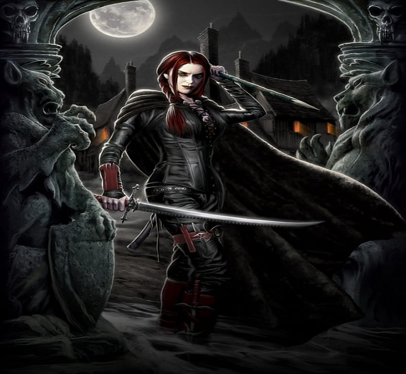 Vampire Hunter, abstract, fantasy, moon, stake, girl, moonlight, sword, hunter, night, HD wallpaper
