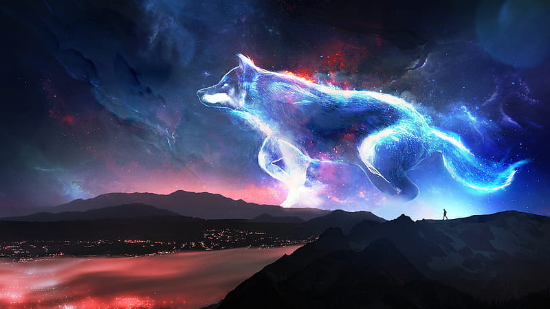 running wolf, nebula, starry sky, artwork, surreal, Fantasy, HD wallpaper