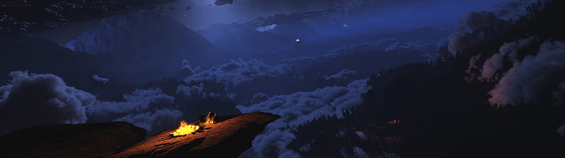 fantasy landscape, night, dual monitor, bonfire, cliff, edge, Fantasy, HD wallpaper