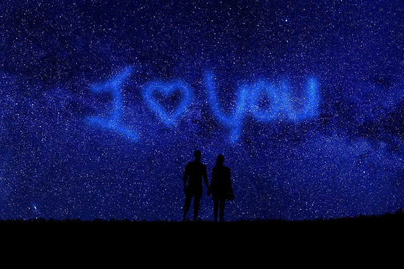 starry sky, romantic couple, i love you, couple silhouette, Landscape, HD wallpaper