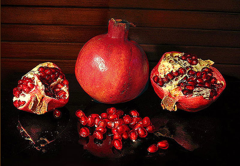 Garnet Apple, fruit, seeds, still life, pomegranate, red fruit, HD wallpaper