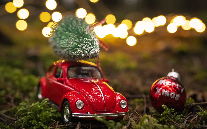 Christmas tree on a car, toy car with christmas tree, Merry Christmas, buying Christmas tree concepts, New Year, HD wallpaper