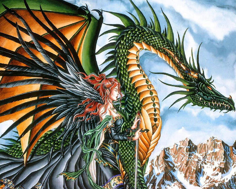 Fairy And Dragon, Dragon, Fairy, Sword, Green, Red Head, HD wallpaper