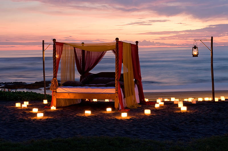 So Relaxing, canopy, sunset, bed, lights, the beach, HD wallpaper