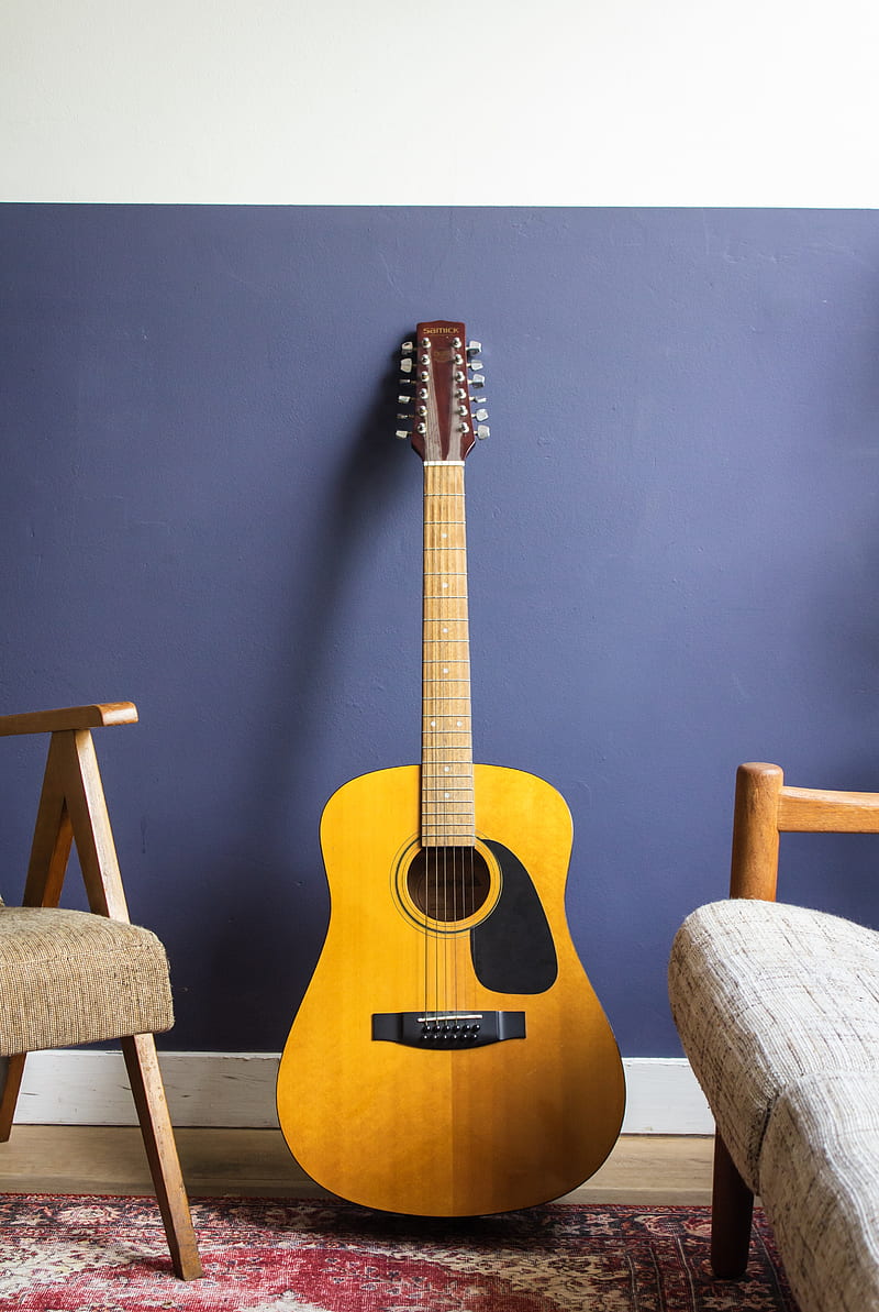 yellow acoustic guitar leaning on wall, HD phone wallpaper