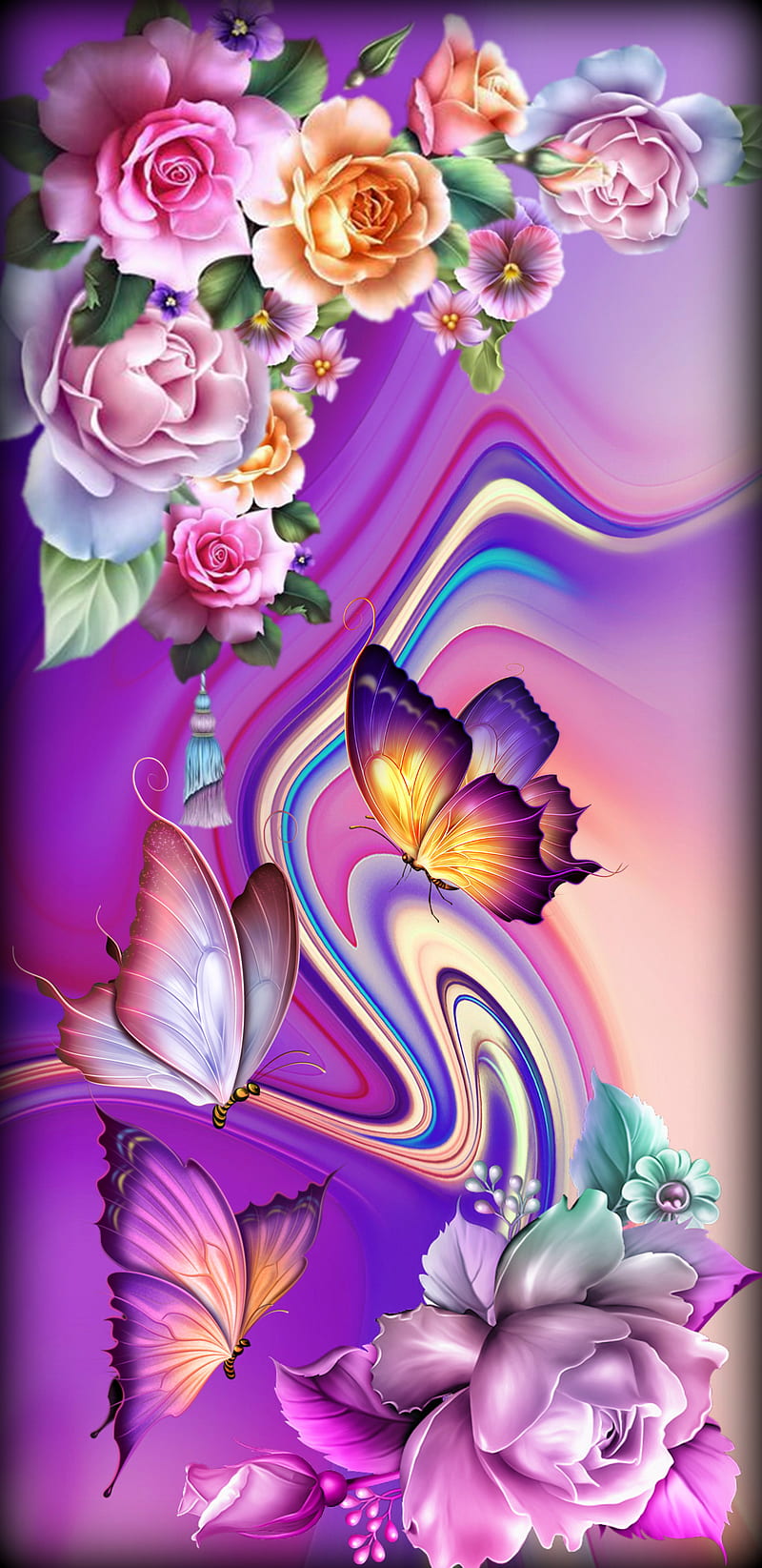Purple Fantasy, butterflies, color, desenho, flower, roses, HD phone wallpaper