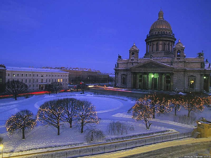 St Petersburg, Russia, roadway, russia, buildings, trees, lights, HD wallpaper