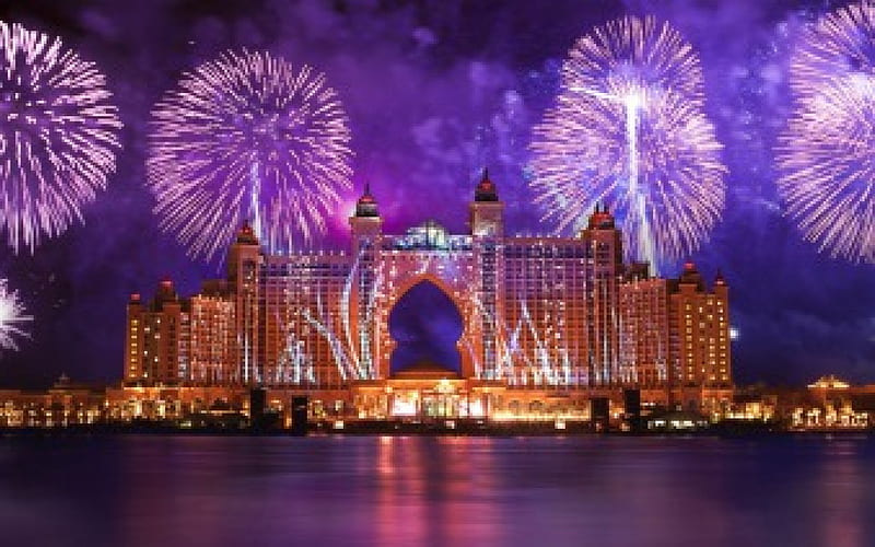 Atlantis Hotel, resort, hotel, atlantis, fireworks, HD wallpaper