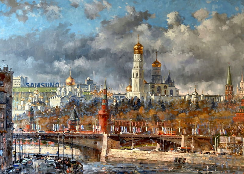 View of the Kremlin , architecture, art, cityscape, bonito, artwork, Russia, bridge, painting, wide screen, Moscow, Kremlin, river, scenery, HD wallpaper