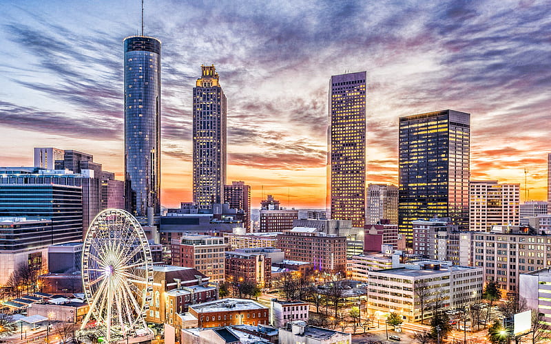 Atlanta, skyscrapers, Westin Peachtree Plaza Hotel, evening, sunset, modern buildings, Atlanta skyline, Atlanta cityscape, Georgia, USA, HD wallpaper