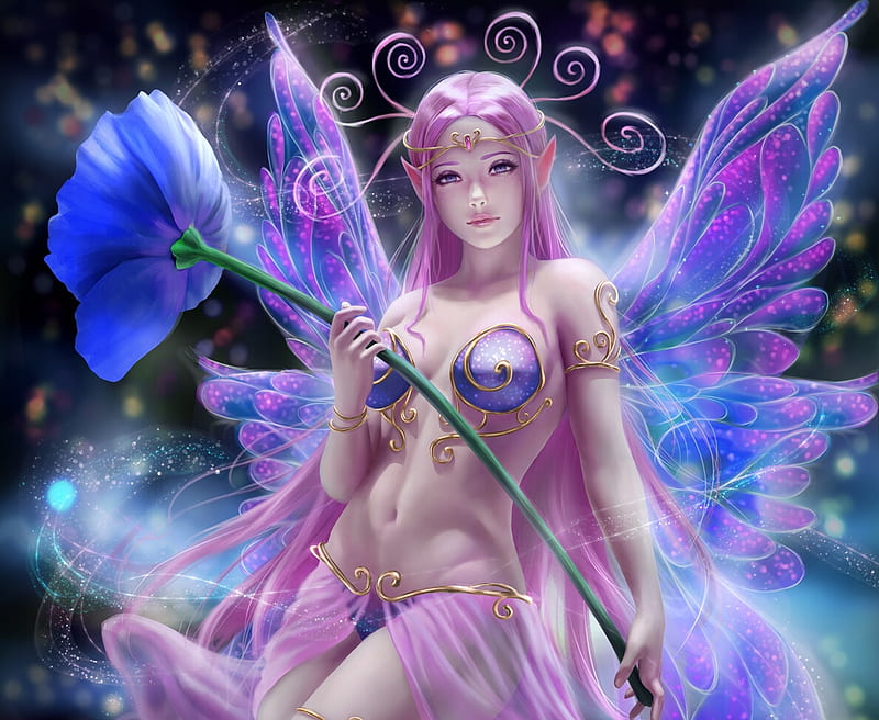 Fairy, pink, yanai draws, blue, wings, frumusete, luminos, superb, fantasy, girl, flower, gorgeous, HD wallpaper