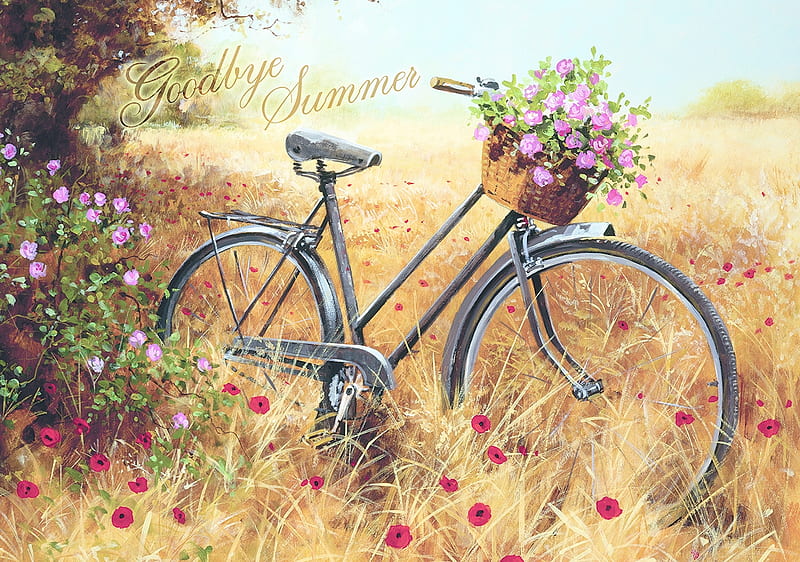 Farewell Summer, art, fieelds, basket, bicycle, summer, flowers, farewell, HD wallpaper