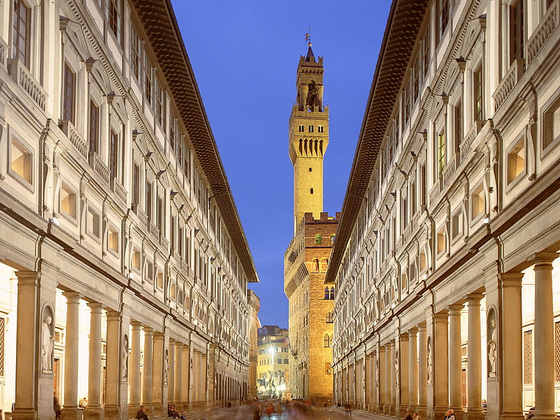 Uffizi Gallery, Florence, Italy, tower, decorations, gallery, sky, imposing, blue, HD wallpaper