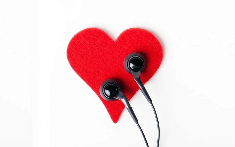 LOVE FOR MUSIC, red, heart, earphones, paper, muisc, HD wallpaper