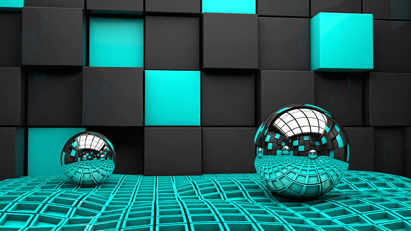 Blue Black Square Boxes Silver Balls Abstract, HD wallpaper