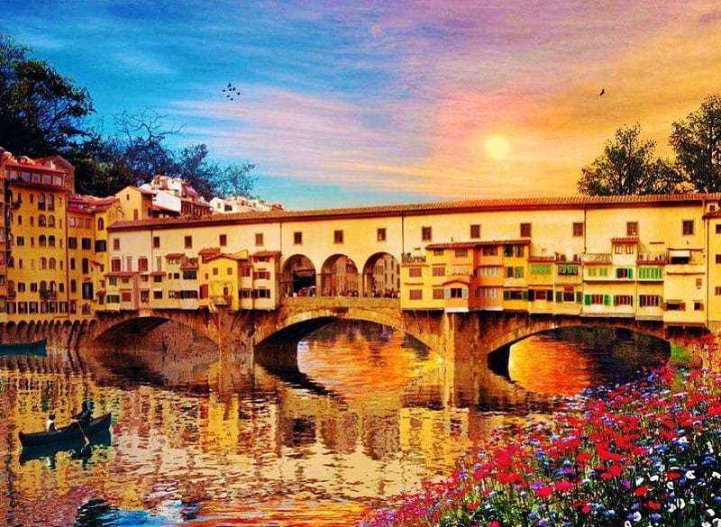 Ponte Vecchio, Florence, Italy, building, sun, painting, flowers, sunset, sky, HD wallpaper