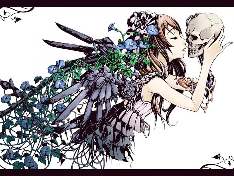 the dead and the living, flowers, skull, girl, anime, HD wallpaper