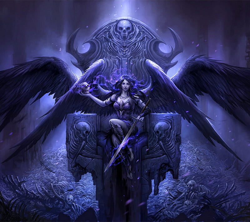 Dark Throne, angel, death, gothic, skull, skulls, sword, HD wallpaper