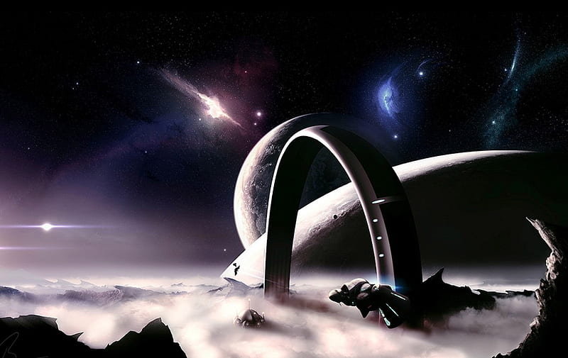 Stargate, stars, space, archway, shuttle, gateway, moon, space exploartion, planetary, HD wallpaper