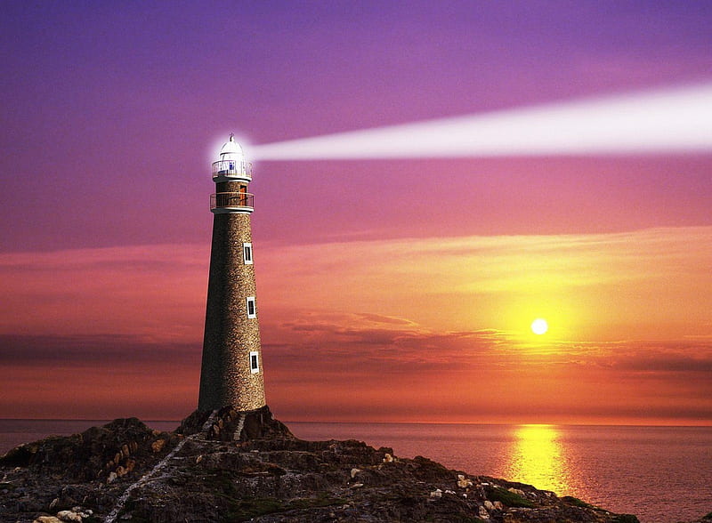 COASTAL LIGHTHOUSE, ocean, coastal, sunset, reflection, clouds, sky, lighthouse, HD wallpaper