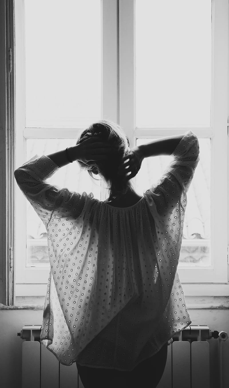 grayscale graph of woman standing in front of window, HD phone wallpaper