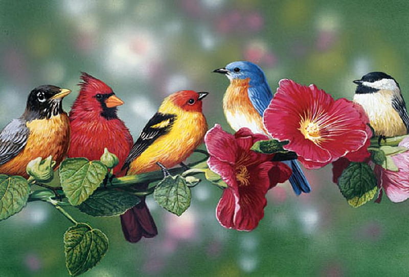 Songbirds and hollyhocks., bird, flower, spring, songbird, perch, hollyhock, HD wallpaper